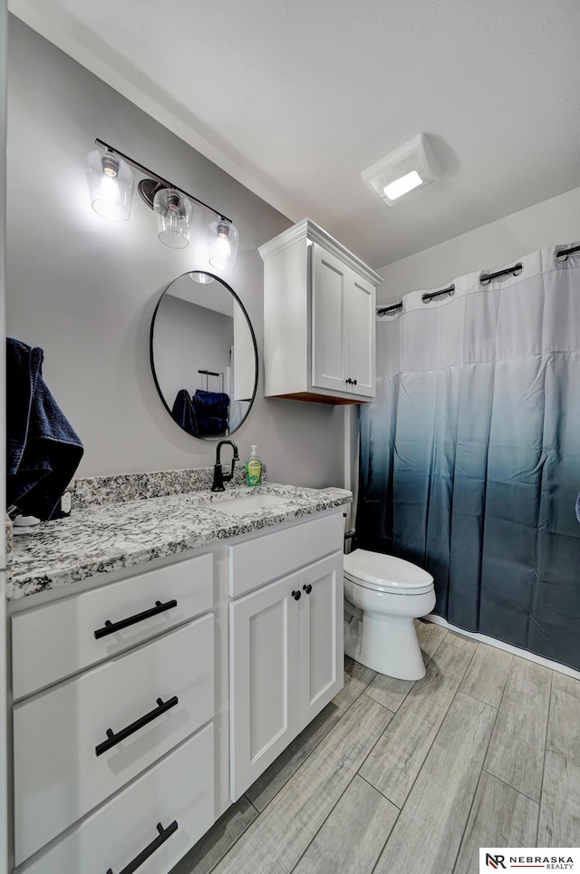 bathroom featuring vanity, curtained shower, and toilet