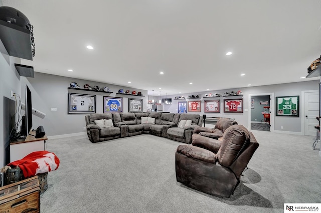 living room featuring light carpet