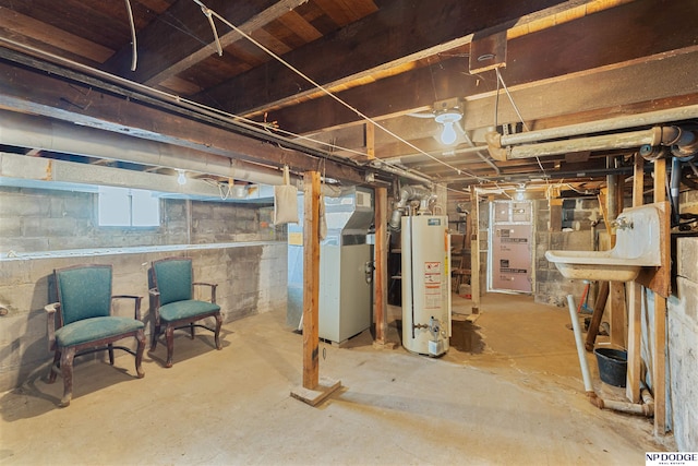 basement featuring heating unit and gas water heater