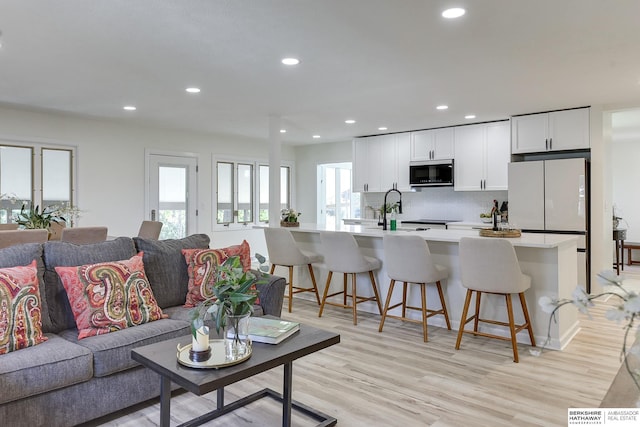 living room featuring sink and light hardwood / wood-style flooring