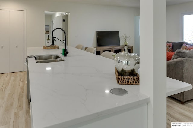 kitchen featuring light stone countertops, sink, and light wood-type flooring