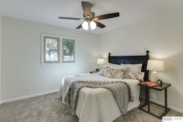 bedroom with light carpet and ceiling fan