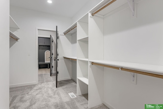 spacious closet featuring light colored carpet