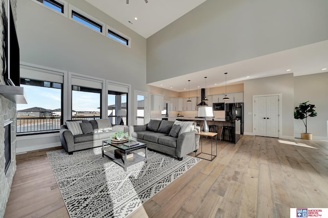 living room featuring plenty of natural light, light hardwood / wood-style floors, and a high ceiling