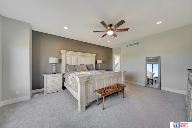 bedroom with light colored carpet and ceiling fan