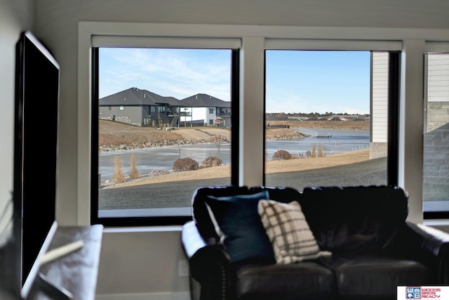 interior space with a water view