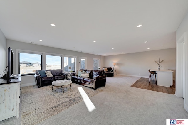 living room featuring sink and light carpet