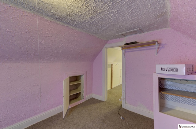 bonus room featuring carpet floors, vaulted ceiling, and a textured ceiling