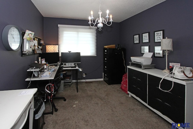 office with carpet, a textured ceiling, and an inviting chandelier