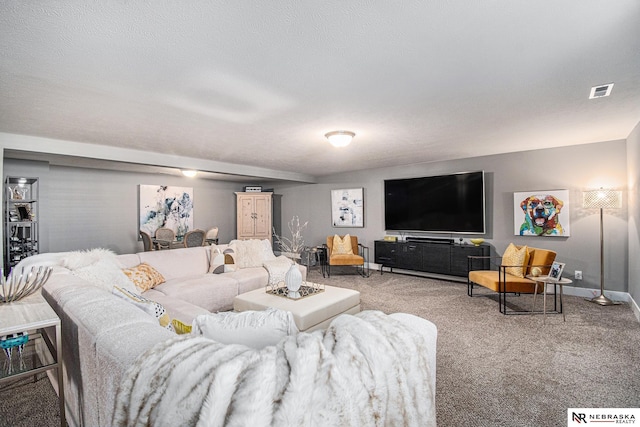 living room with carpet and a textured ceiling