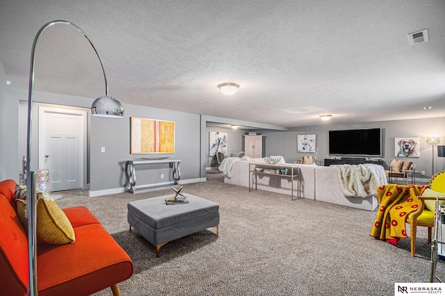 living room featuring carpet flooring and a textured ceiling