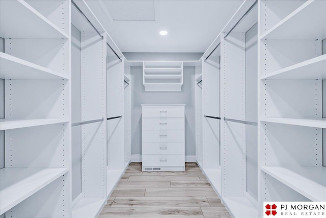 walk in closet with light wood-type flooring