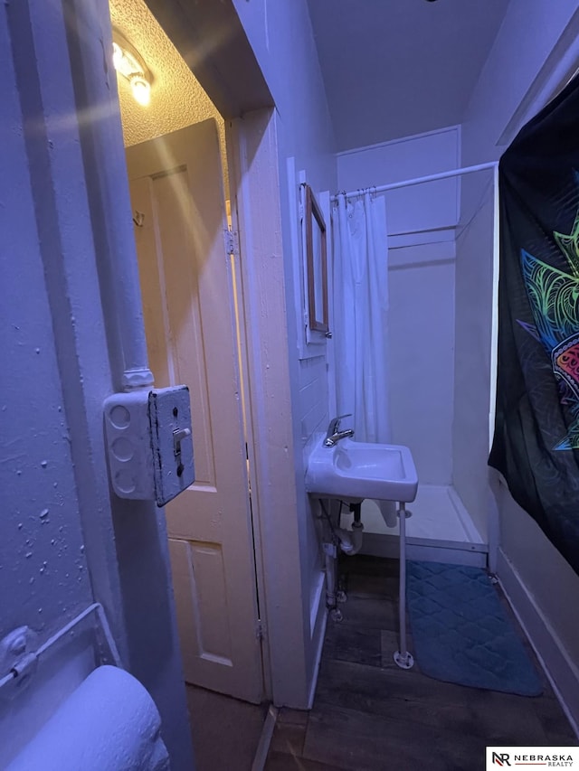 bathroom featuring hardwood / wood-style flooring, sink, and curtained shower