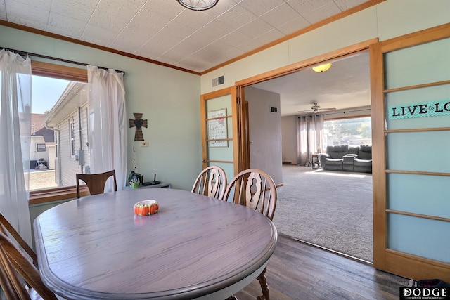 dining room with ceiling fan, ornamental molding, and carpet floors