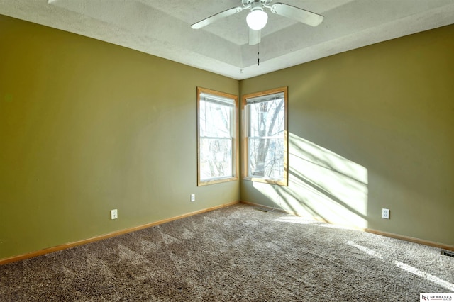 spare room with a tray ceiling, ceiling fan, and carpet