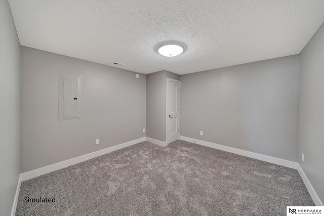 spare room with electric panel, a textured ceiling, and carpet flooring