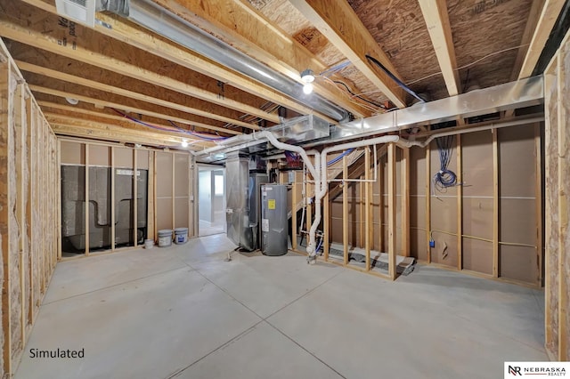 basement with heating unit and water heater