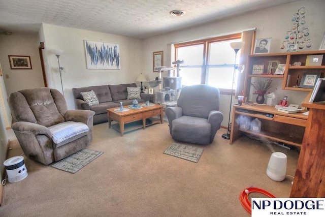 carpeted living room with a textured ceiling