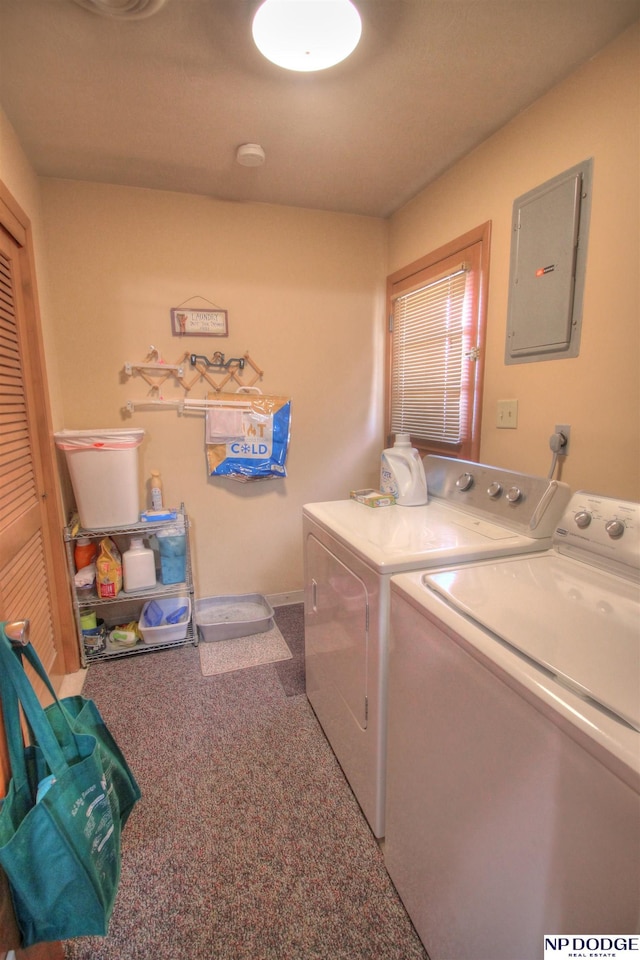 laundry room with carpet floors, washing machine and clothes dryer, and electric panel