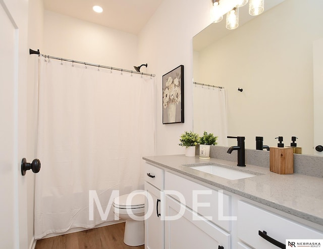 14803 Willow St, Bennington, NE 68007 - bathroom with wood finished floors, vanity, toilet, recessed lighting, and a shower with shower curtain