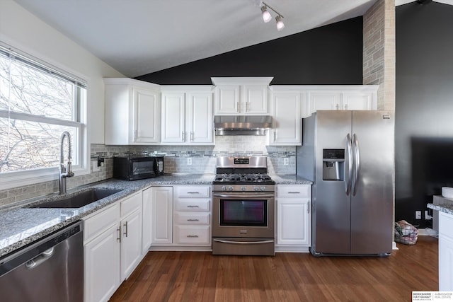 kitchen with white cabinetry, lofted ceiling, sink, dark hardwood / wood-style flooring, and stainless steel appliances