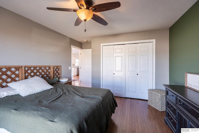 bedroom featuring dark wood-type flooring, ceiling fan, and a closet