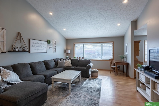 living room with wood-type flooring, lofted ceiling, and a textured ceiling