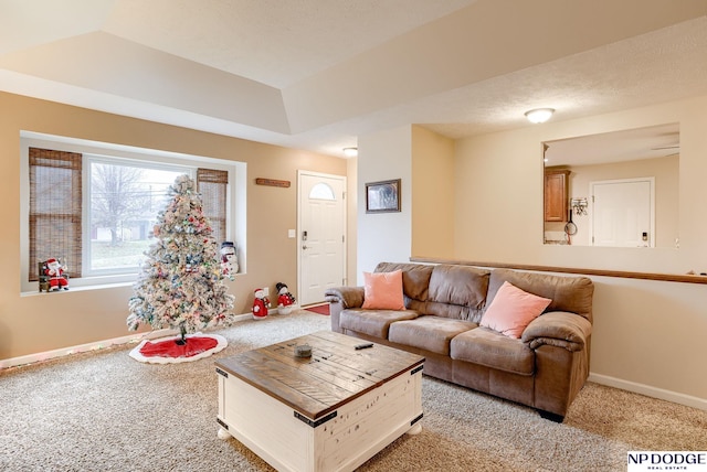 carpeted living room featuring a raised ceiling and a textured ceiling