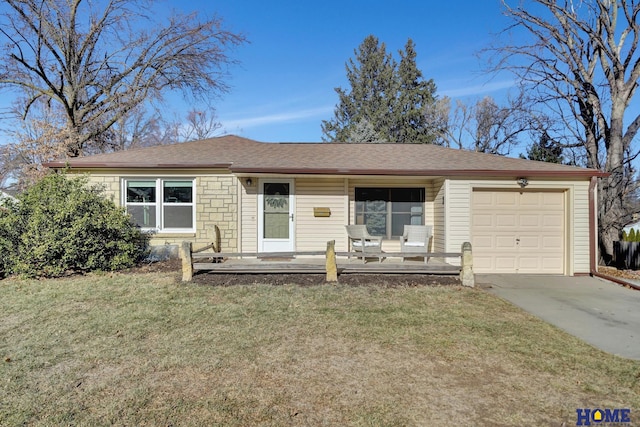 single story home featuring a garage, a front yard, and a porch