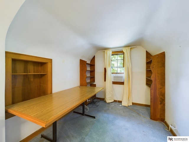 home office featuring lofted ceiling, cooling unit, and carpet