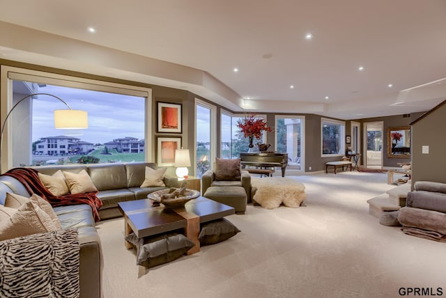 living room featuring a wealth of natural light and carpet