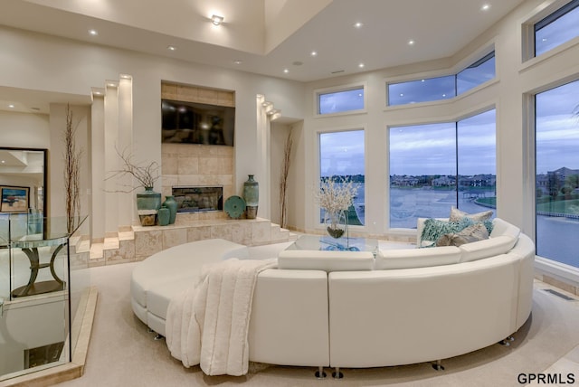 living room featuring a fireplace and a high ceiling