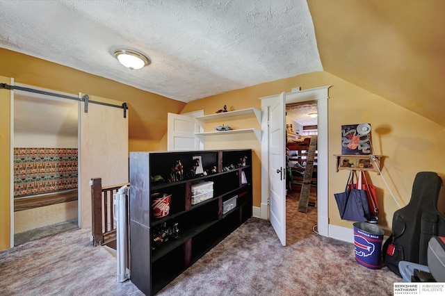 kitchen with lofted ceiling, carpet floors, a barn door, and a textured ceiling