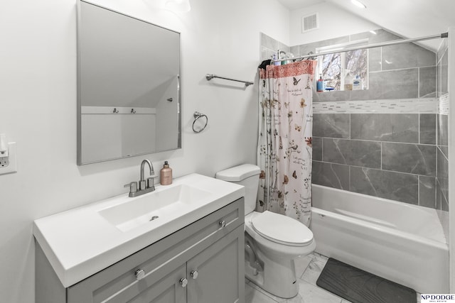 full bathroom featuring vanity, shower / tub combo with curtain, and toilet