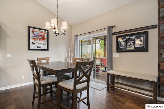 dining room featuring lofted ceiling, dark wood-type flooring, and an inviting chandelier