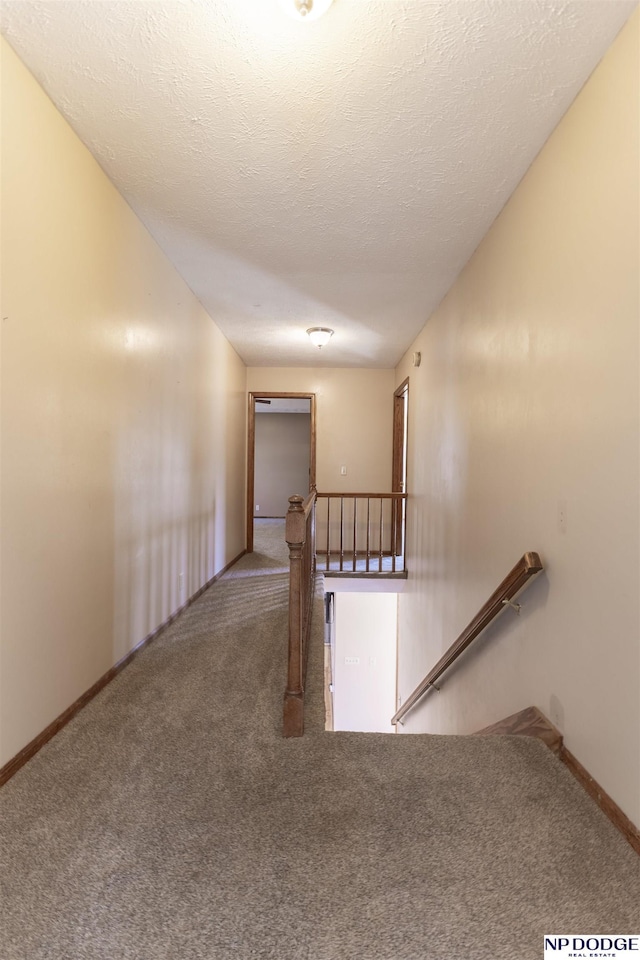 staircase with carpet floors and a textured ceiling