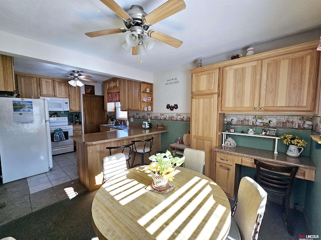 kitchen featuring ceiling fan, light tile patterned flooring, white appliances, a sink, and open shelves