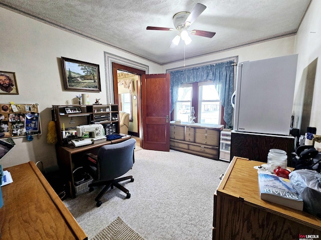 office space with a textured ceiling, ceiling fan, and carpet