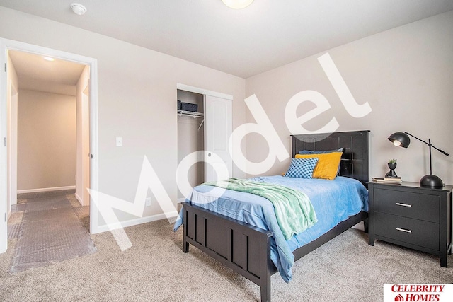 bedroom featuring light carpet and a closet