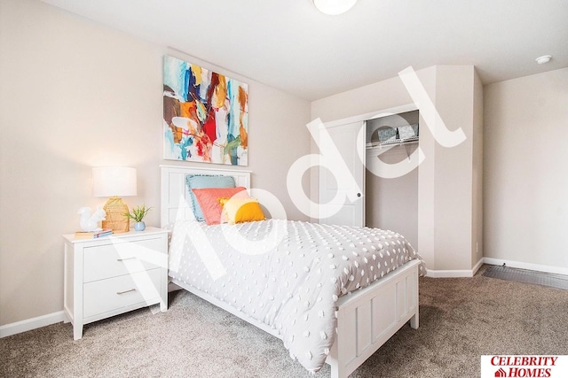 bedroom with light carpet and a closet