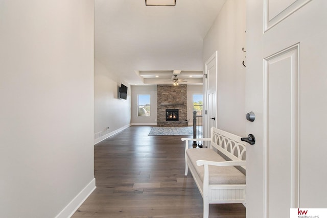 hall featuring a raised ceiling and dark hardwood / wood-style flooring