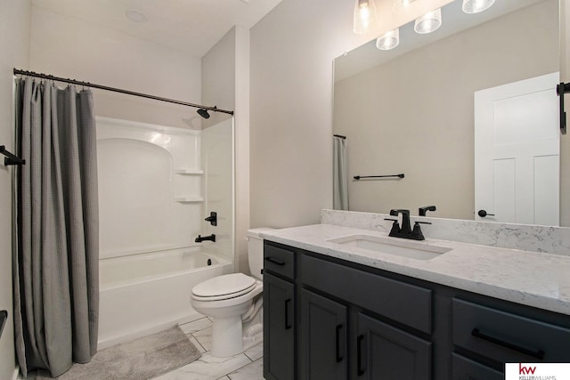 full bathroom with vanity, shower / tub combo with curtain, and toilet