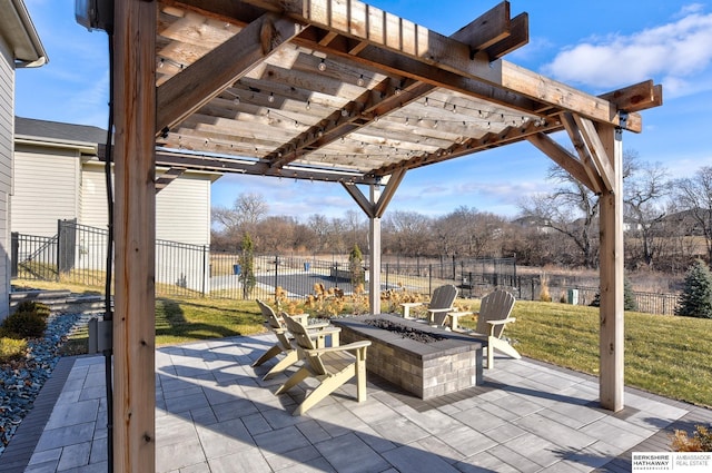 view of patio / terrace with a pergola and a fire pit