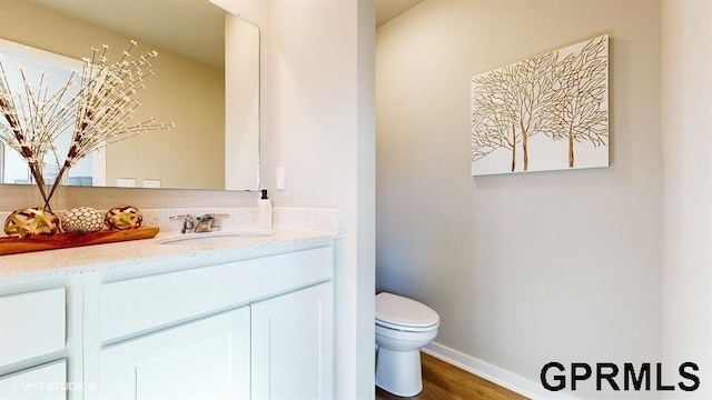 bathroom featuring hardwood / wood-style flooring, vanity, and toilet