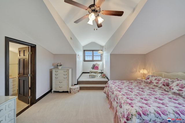 bedroom featuring lofted ceiling, visible vents, a ceiling fan, light carpet, and baseboards