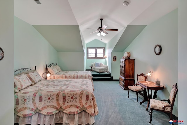 bedroom with carpet, ceiling fan, and lofted ceiling