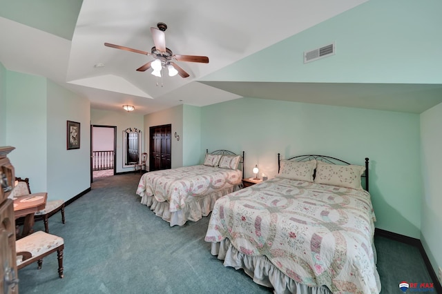 bedroom with baseboards, visible vents, a ceiling fan, vaulted ceiling, and dark colored carpet