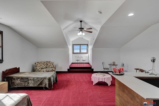 bedroom with carpet floors, recessed lighting, vaulted ceiling, and a ceiling fan