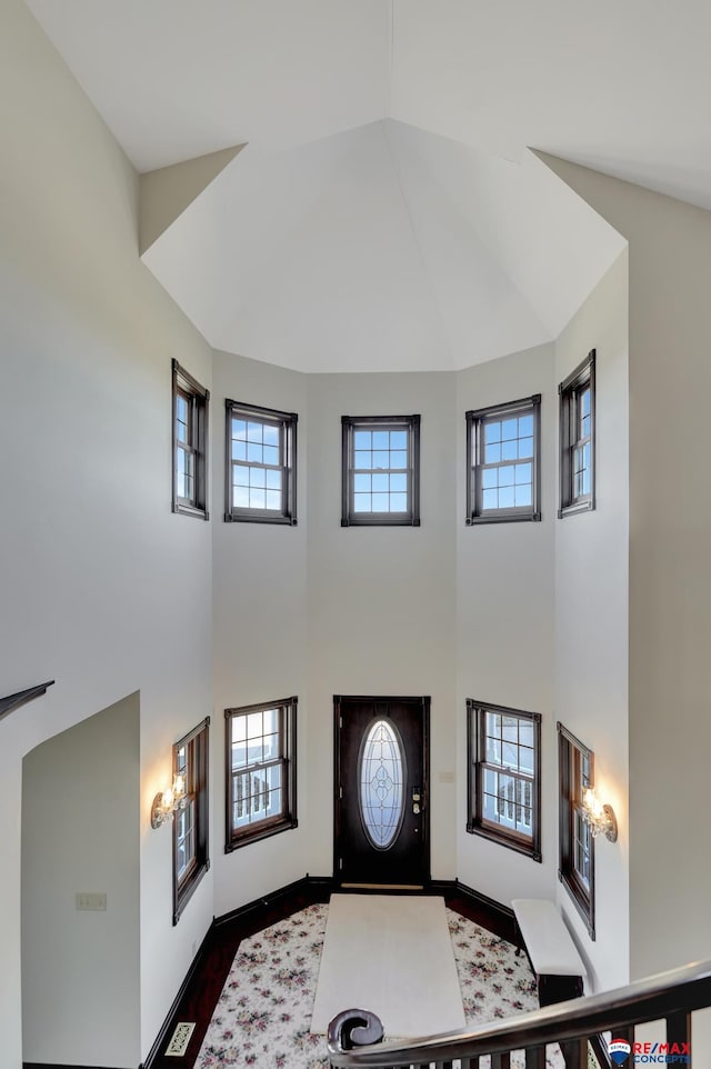 entrance foyer with dark wood finished floors, a towering ceiling, a wealth of natural light, and baseboards