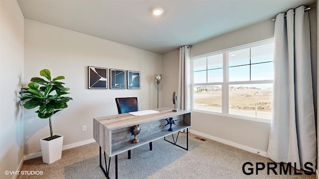 home office featuring light colored carpet